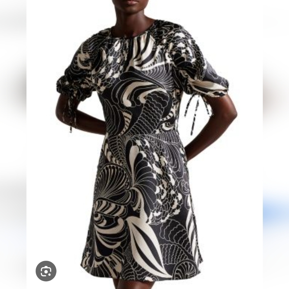 Ted Baker London Faridda Dress. Ruched Puffed Sleeves. Black & Silver. Size 6US
